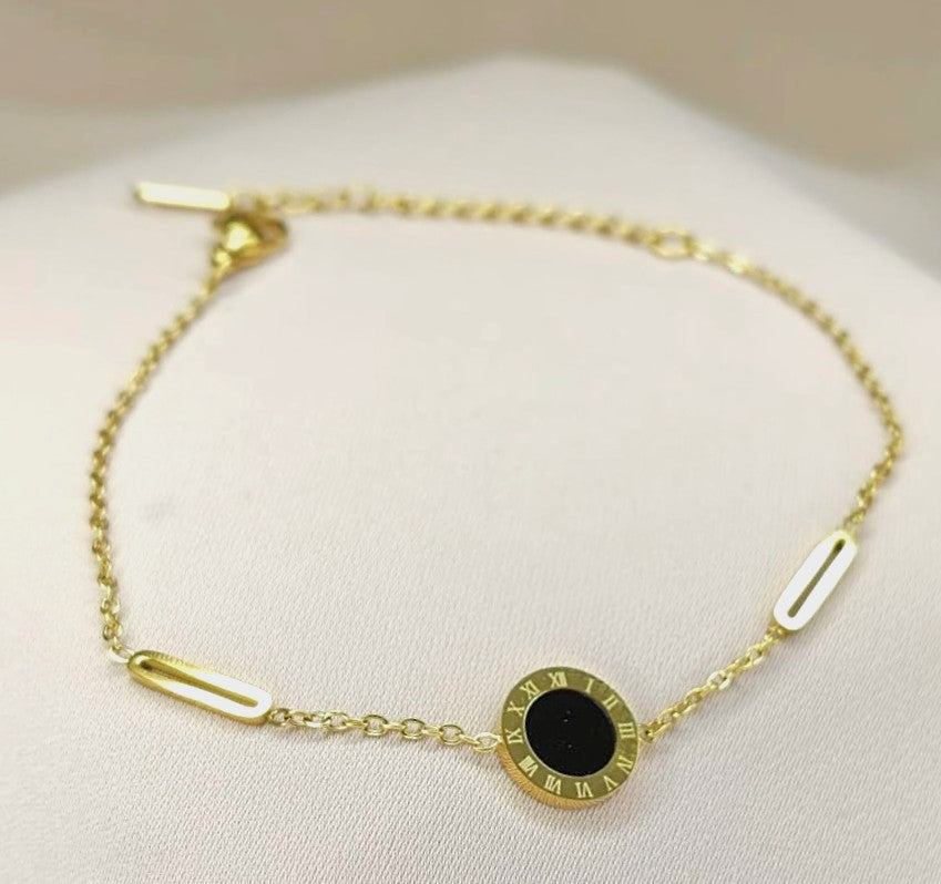 The Roman Luxe Bracelet: Gold Black Roman Numeral Charm (Stainless steel)