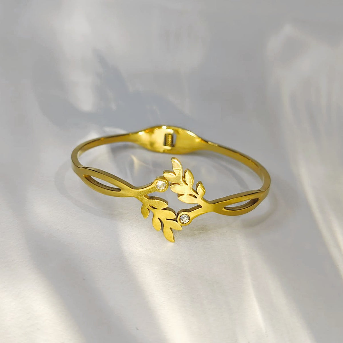 The Eden Bangle: Gold Olive Leaf Crystal Spark (Stainless Steel)