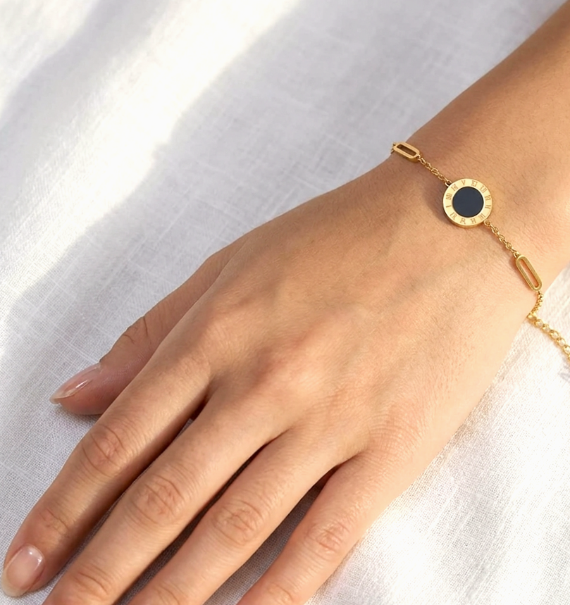 The Roman Luxe Bracelet: Gold Black Roman Numeral Charm (Stainless steel)
