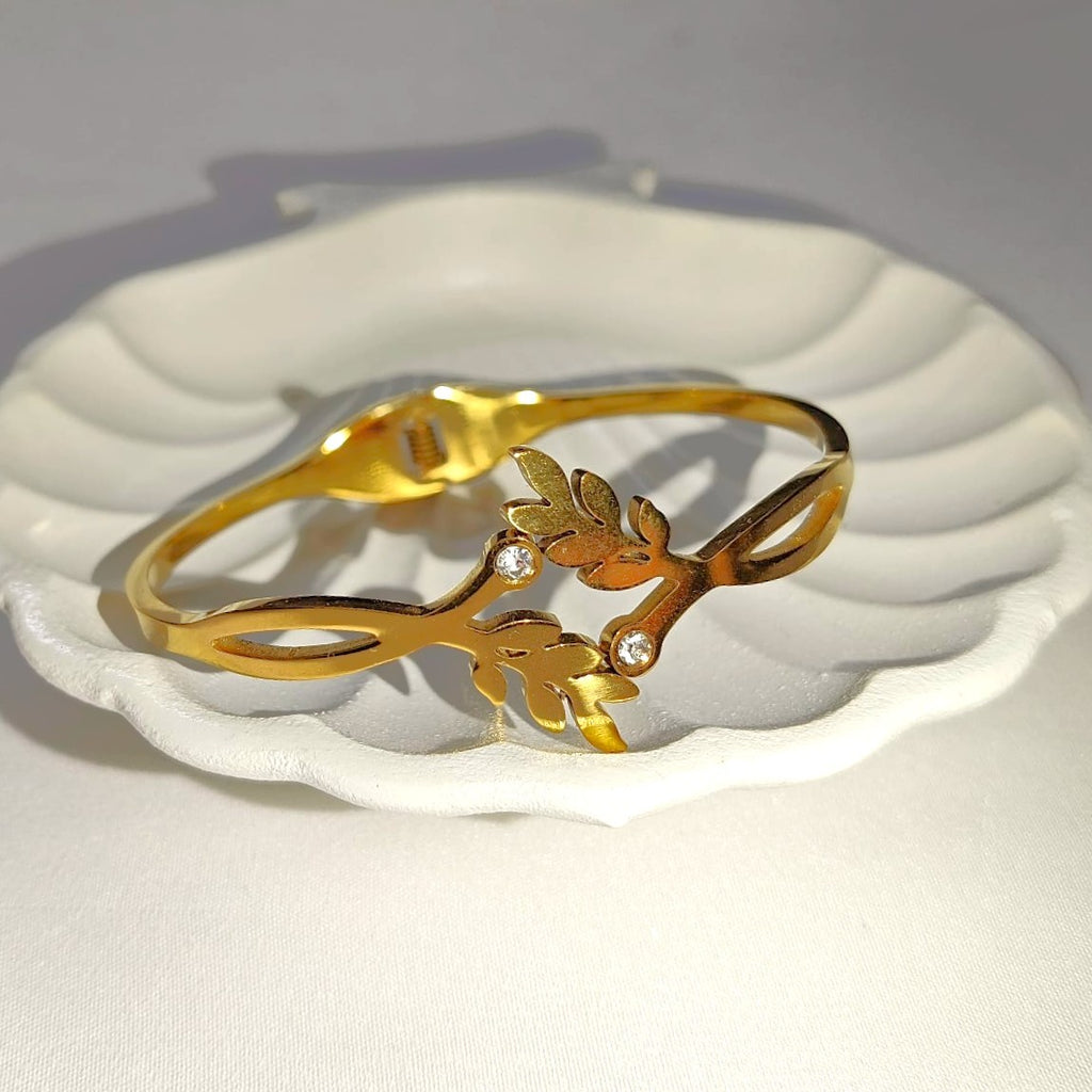 The Eden Bangle: Gold Olive Leaf Crystal Spark (Stainless Steel)