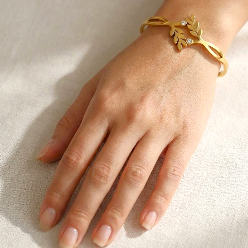 The Eden Bangle: Gold Olive Leaf Crystal Spark (Stainless Steel)