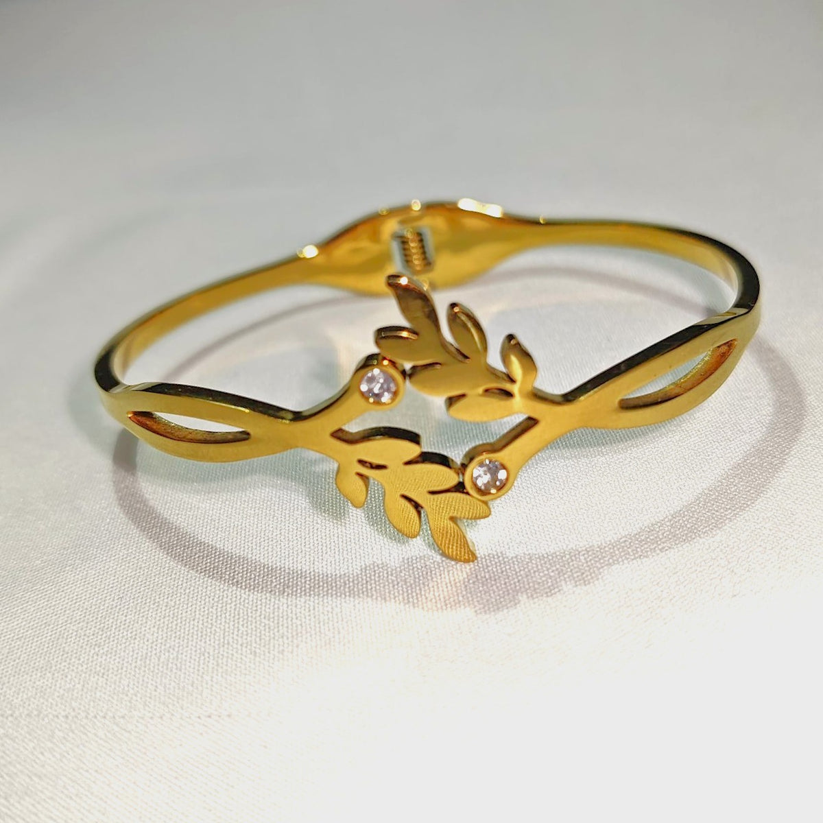 The Eden Bangle: Gold Olive Leaf Crystal Spark (Stainless Steel)